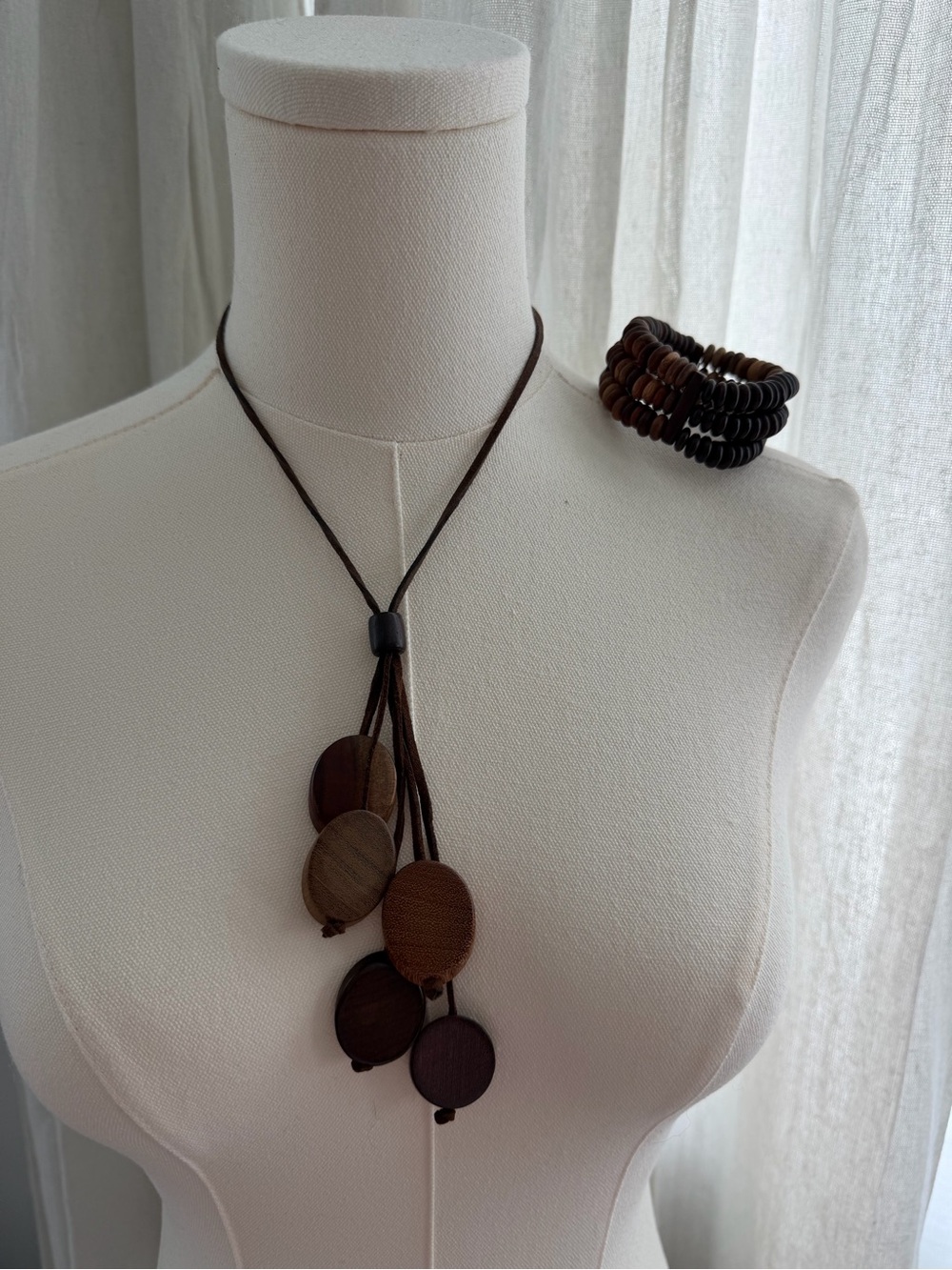 Handcrafted Brown Wooden Disc Necklace and Bracelet Set Costa Rica